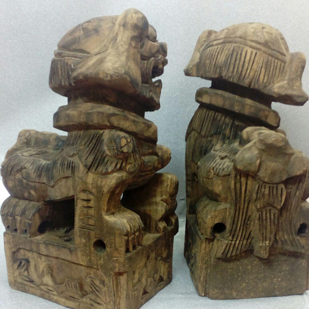 仏教古美術江戸時代中期頃細密造形造り木彫２対獅子２５〜２７センチ寺社仏閣当時物