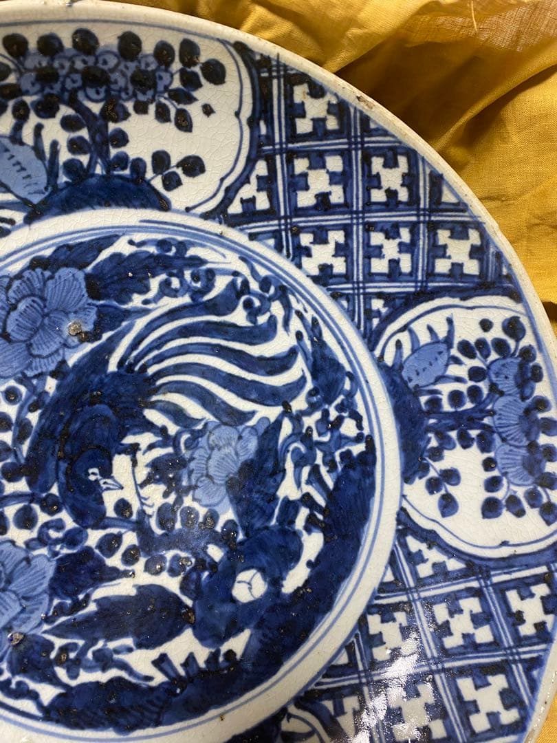 中国美術　呉須染付牡丹鳳凰文大平鉢 大盤 安南大皿 明末～清初 時代箱　骨董品