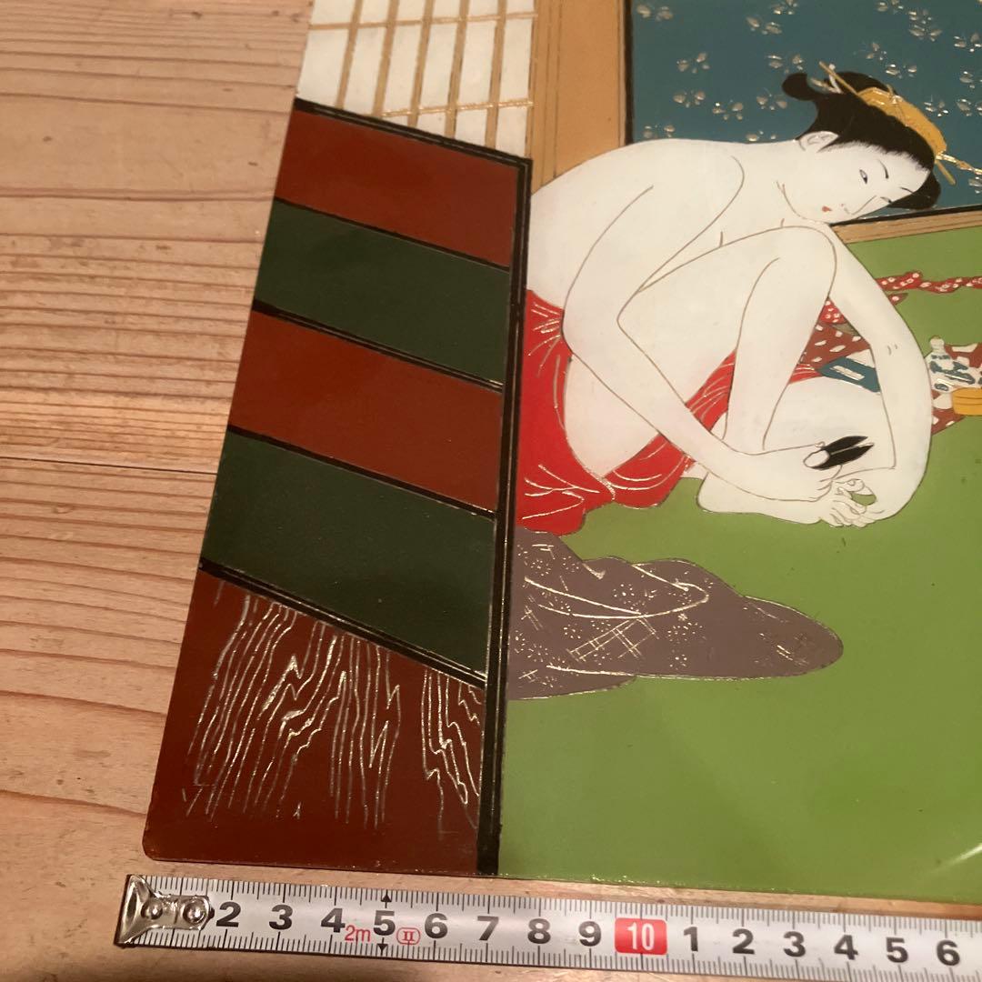 ガラス絵の浮世絵　「鈴木春信　爪切り」　美人画　時代物　骨董　インテリア