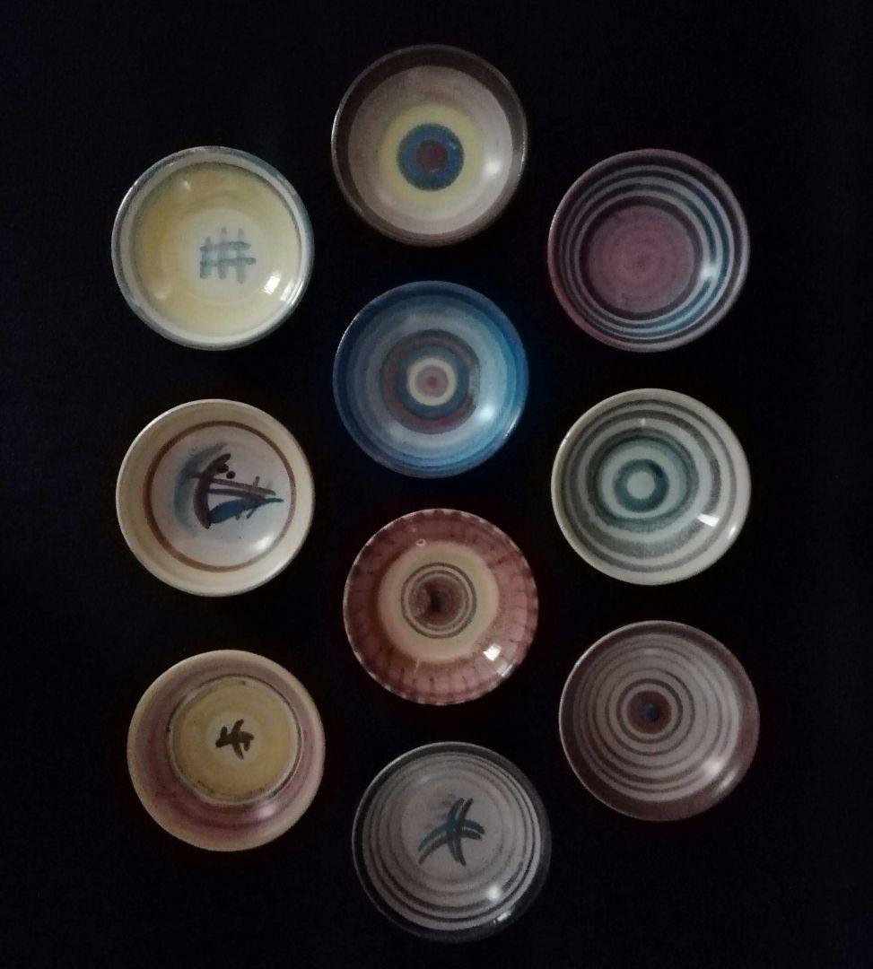 超レア　逸品　マジョリカ古窯　色絵輪線紋小皿　10客　明治期　時代箱付き