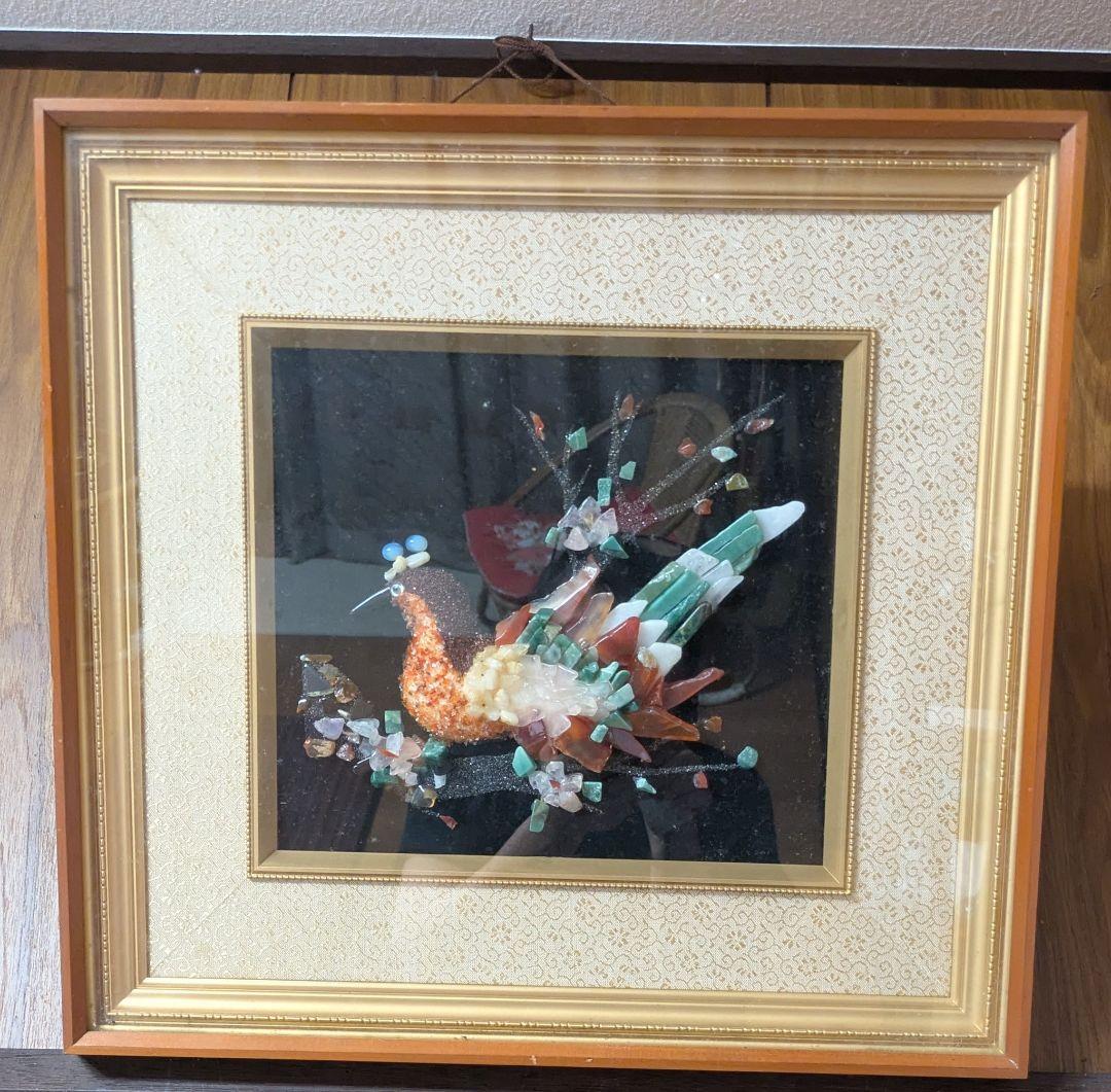 宝石細工 孔雀 アート作品 木製フレーム