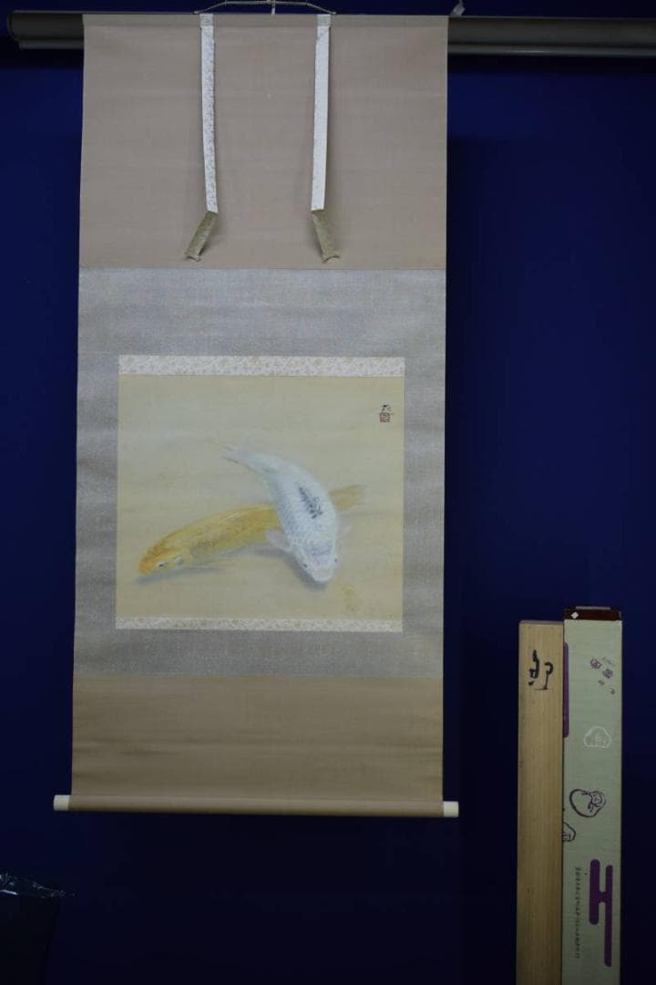 真作/梶喜一/双鯉/桐共二重箱付/布袋屋掛軸HH-34