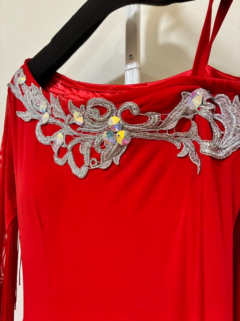 Create-sun 社交ダンス ドレス 赤 フリンジ×ビジュー アシンメトリー