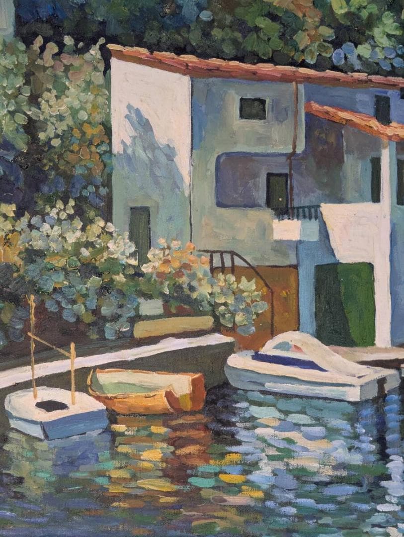 【真作】絵画　ミスフェルト　油彩　釣り人の家の前　印象派風風景画　Z75