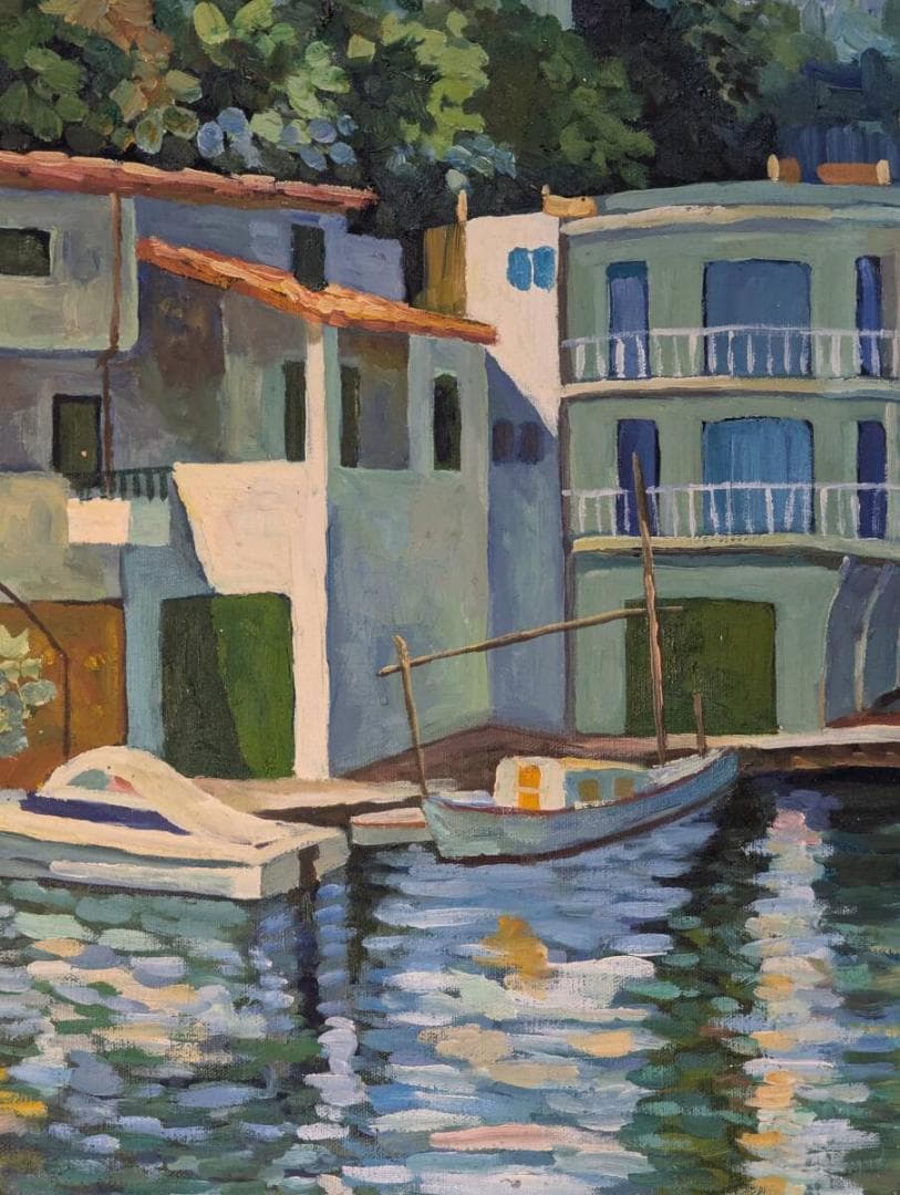 【真作】絵画　ミスフェルト　油彩　釣り人の家の前　印象派風風景画　Z75