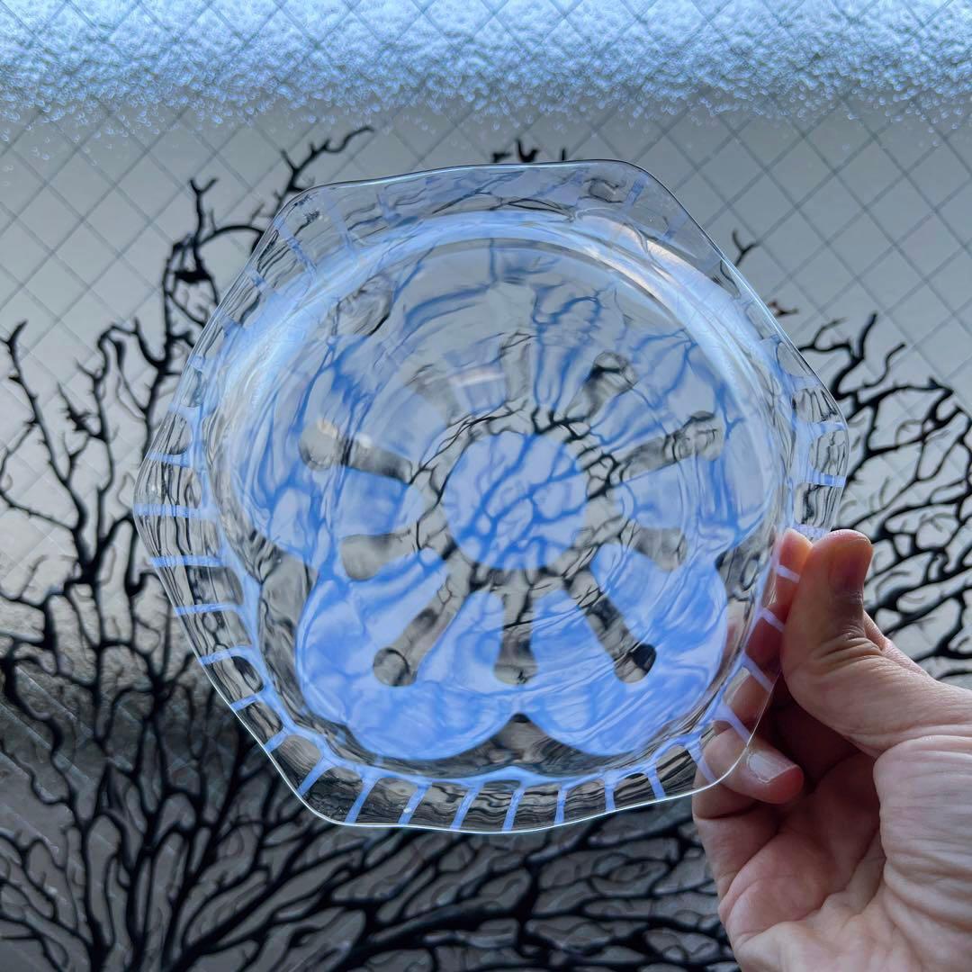 骨董　レトロガラス　希少縞に桜紋　反り口フリル　乳白色炙り出し　氷コップ　後発品