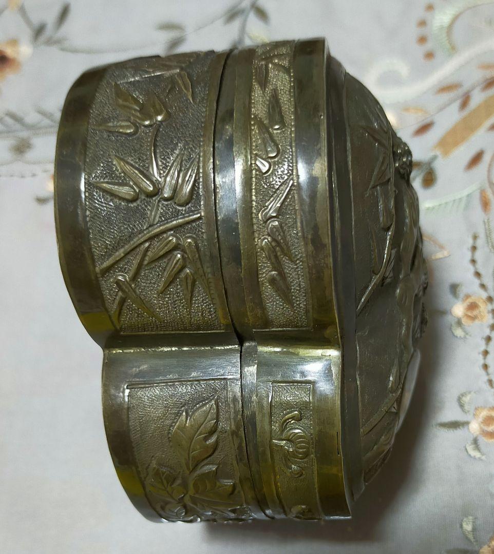 セール✨アンティーク金属細工古銅　花、竹、鳥紋浮彫　ハート型香合　小物入れ手作り