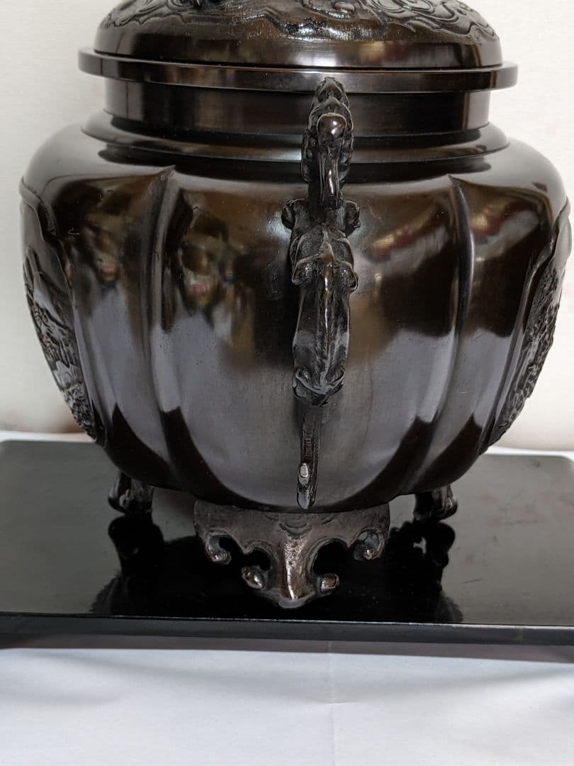 ♦香道具 獅子飾り 山水瓔珞紋様 龍双耳阿古柁形 大香炉 高岡銅器 高さ27cm