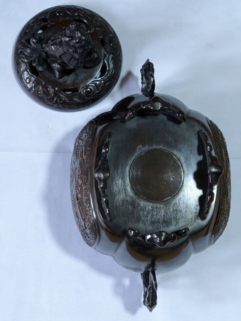 ♦香道具 獅子飾り 山水瓔珞紋様 龍双耳阿古柁形 大香炉 高岡銅器 高さ27cm