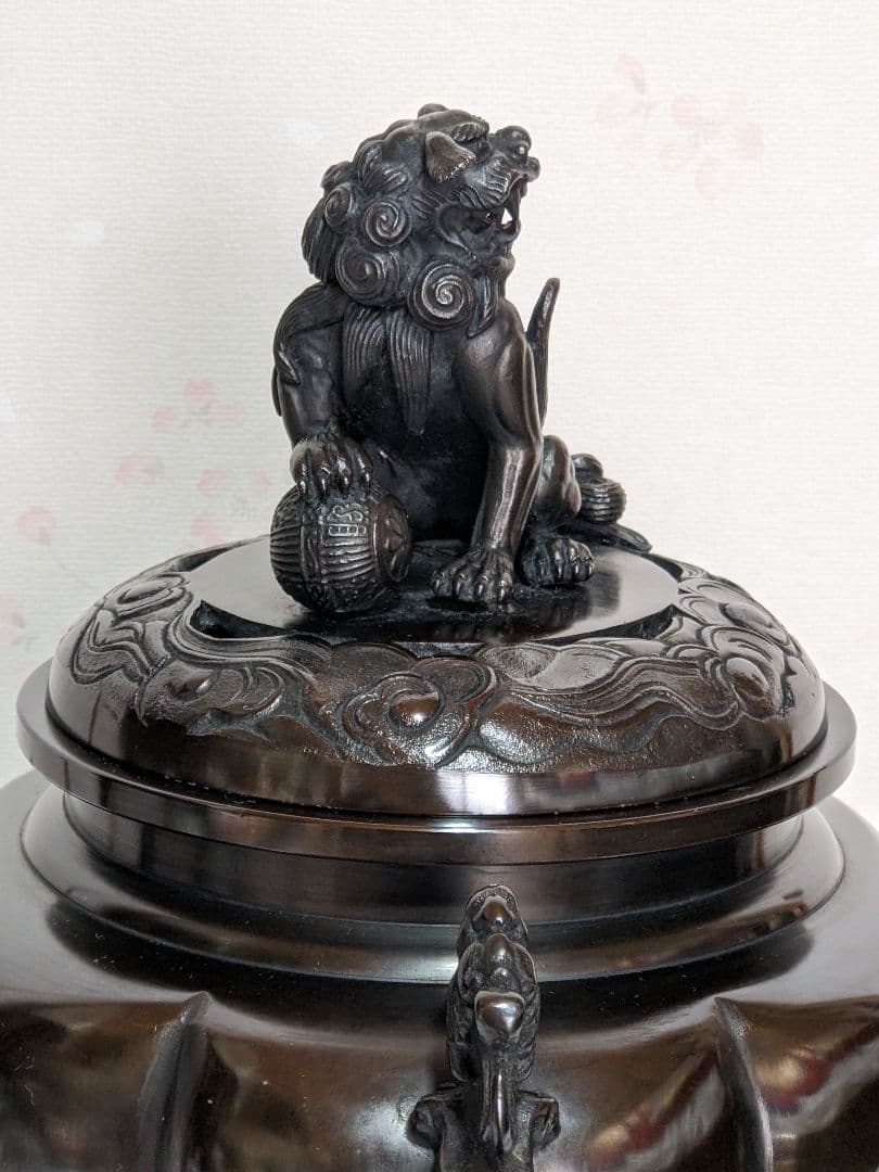 ♦香道具 獅子飾り 山水瓔珞紋様 龍双耳阿古柁形 大香炉 高岡銅器 高さ27cm