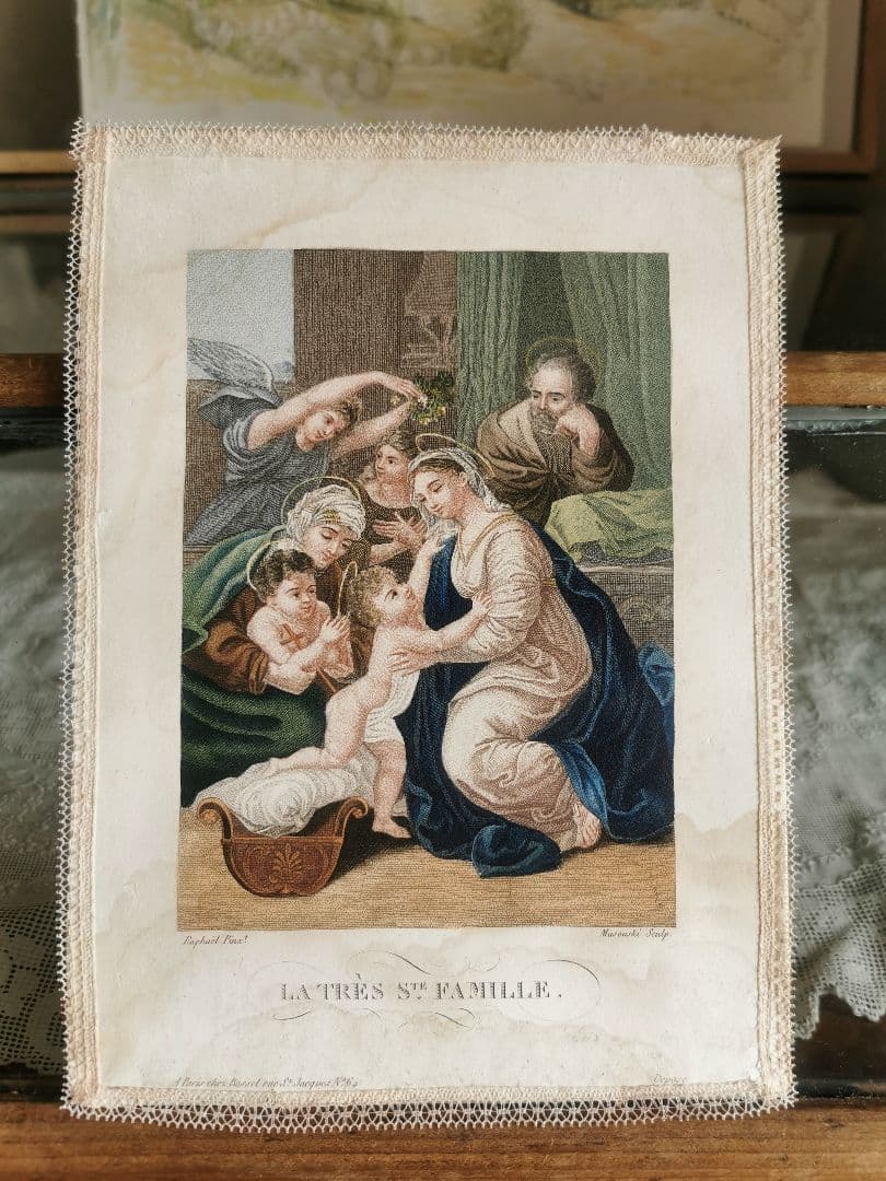 アンティークフランス銅版画 ラファエロの聖家族と予言者ヨハネと天使達 レース装飾