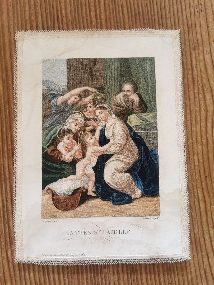アンティークフランス銅版画 ラファエロの聖家族と予言者ヨハネと天使達 レース装飾