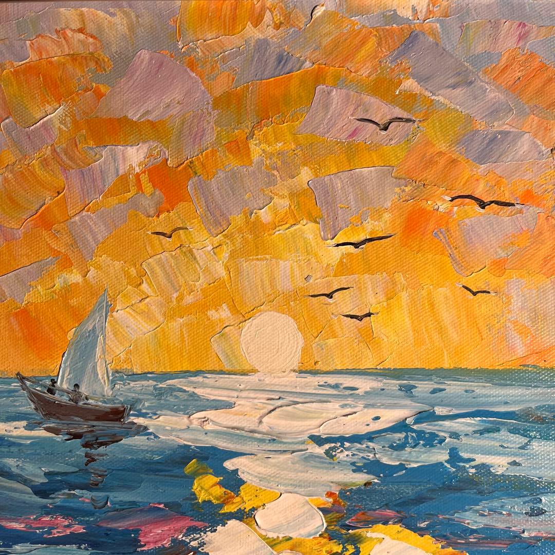 手書き油絵 sun set夕陽 額付 インテリア 油彩画 肉筆絵画