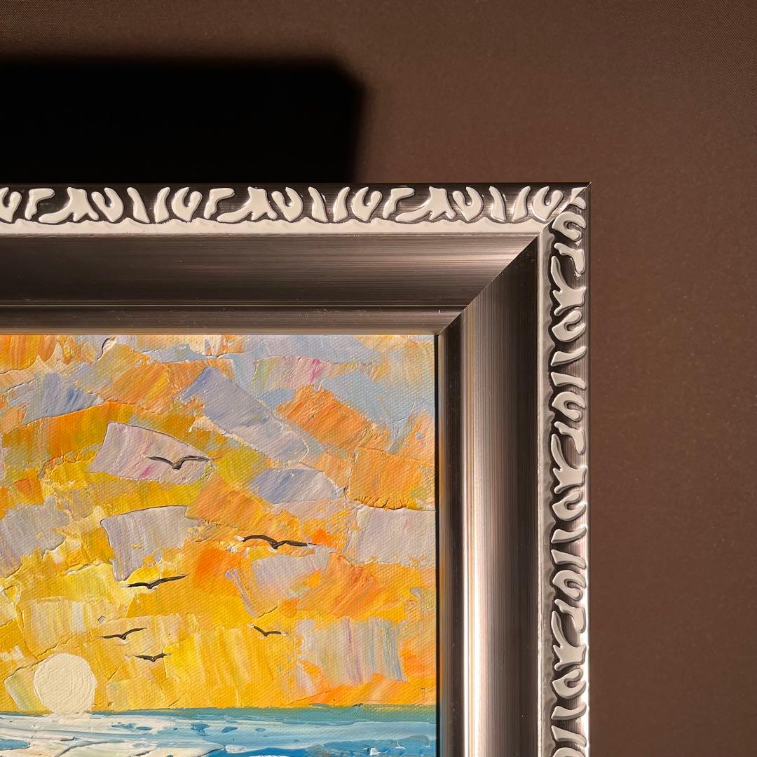 手書き油絵 sun set夕陽 額付 インテリア 油彩画 肉筆絵画