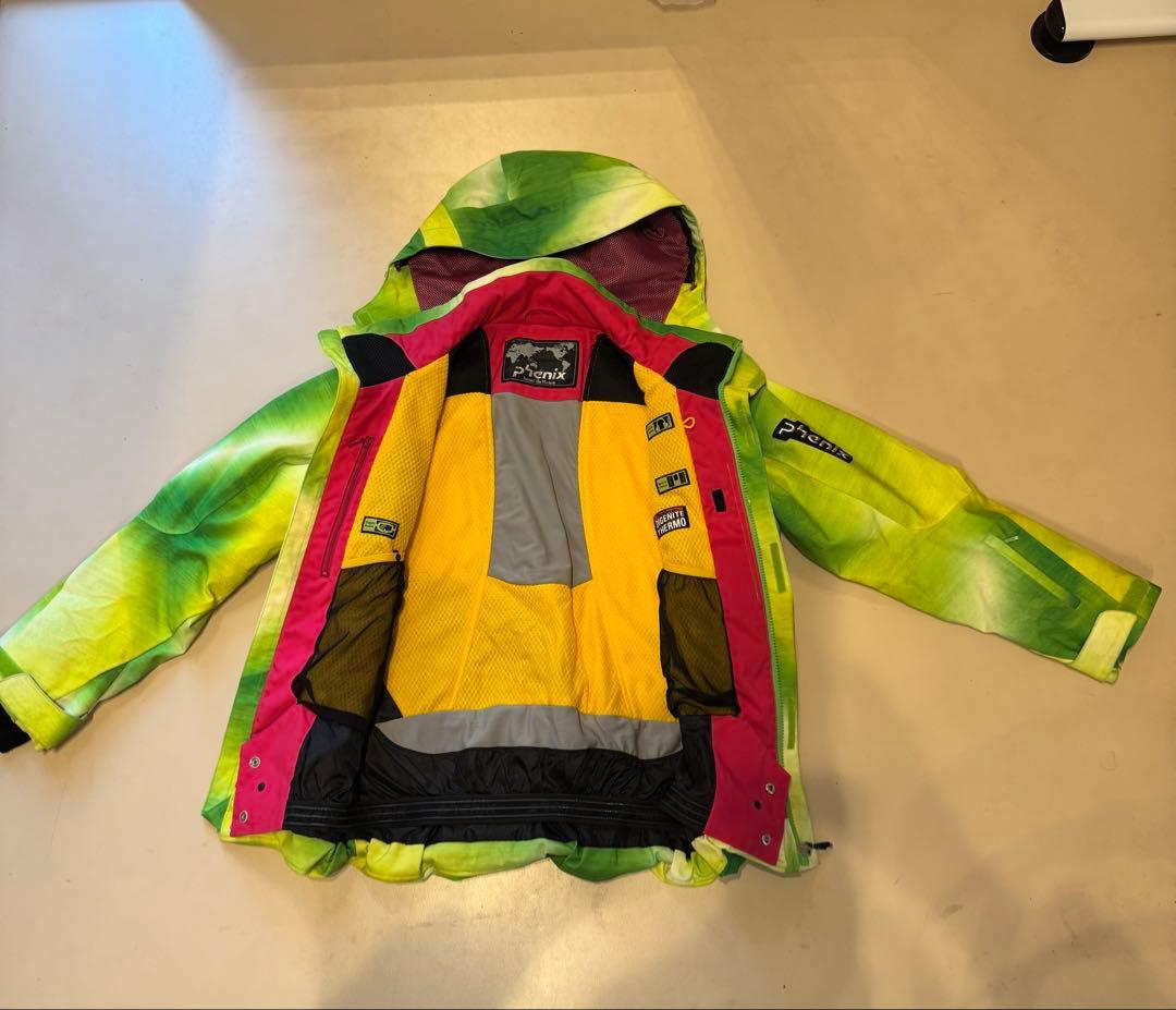 スキーウェア グリーン/イエロー 取り外しフード