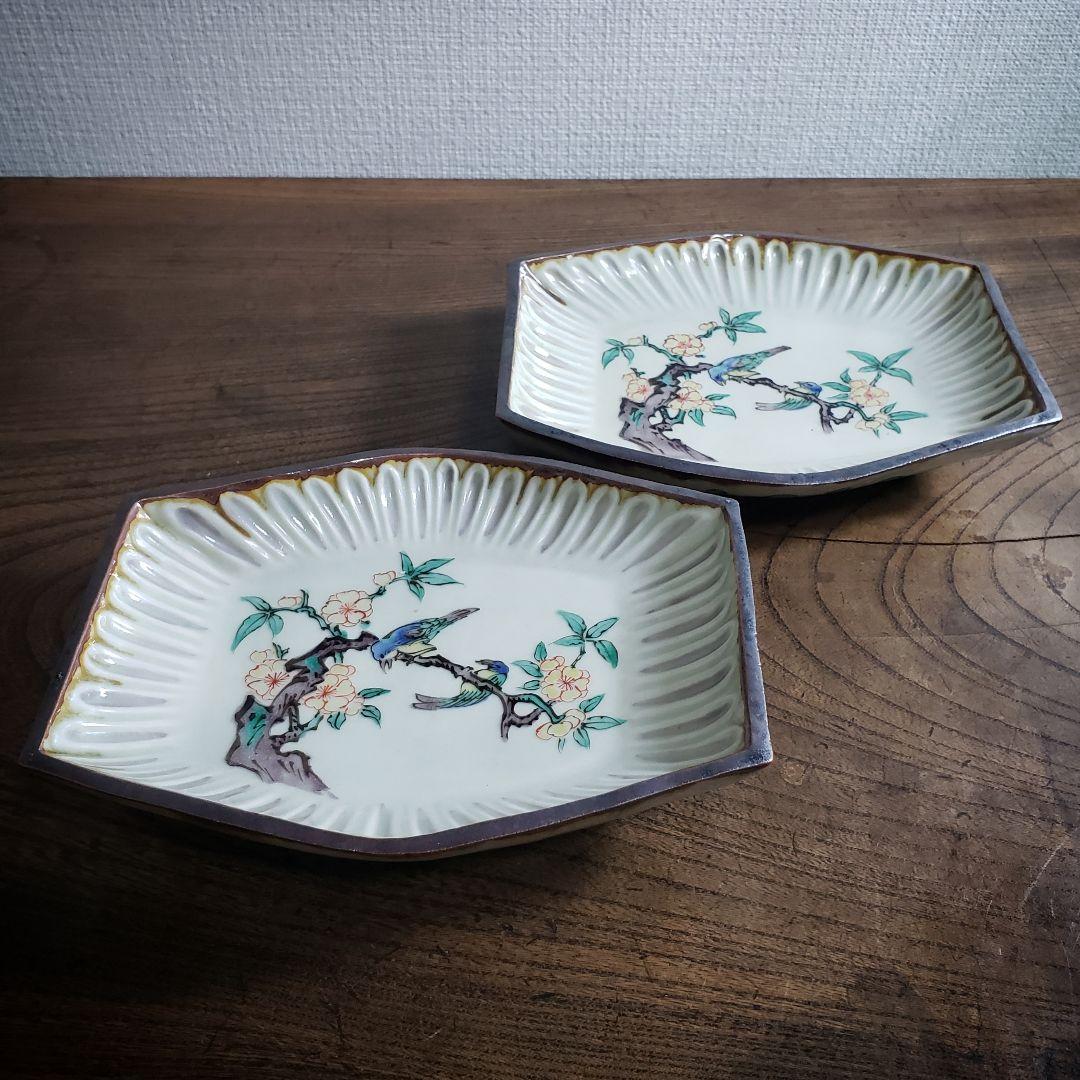 変形皿　角皿　舟形　古九谷　色絵付　鳥　明治　大正　銘　角福　二枚　上物　イ号