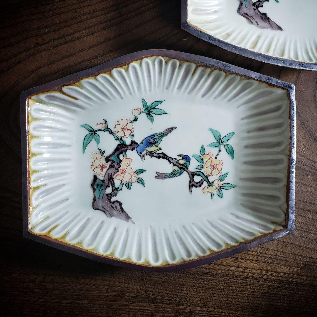 変形皿　角皿　舟形　古九谷　色絵付　鳥　明治　大正　銘　角福　二枚　上物　イ号