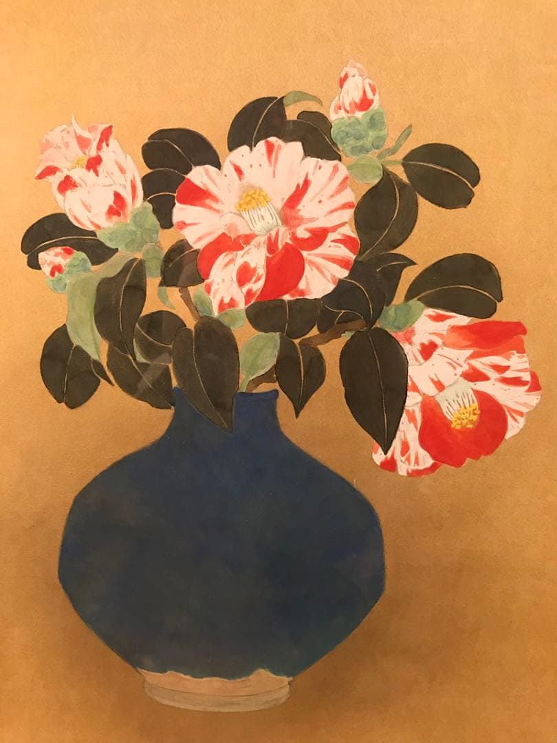 堀川えい子　「花椿」　日本画Ｆ８号　直筆サイン・共シール有り