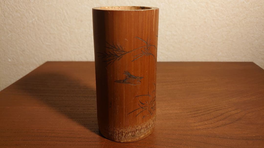 杓立　竹製　筆筒　陰刻　鳥の図　アンティーク茶道具　蔵出し　１客