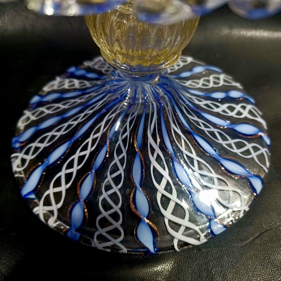 MURANO ムラノ 金彩 ブルー リボン ホワイト レース コンポート