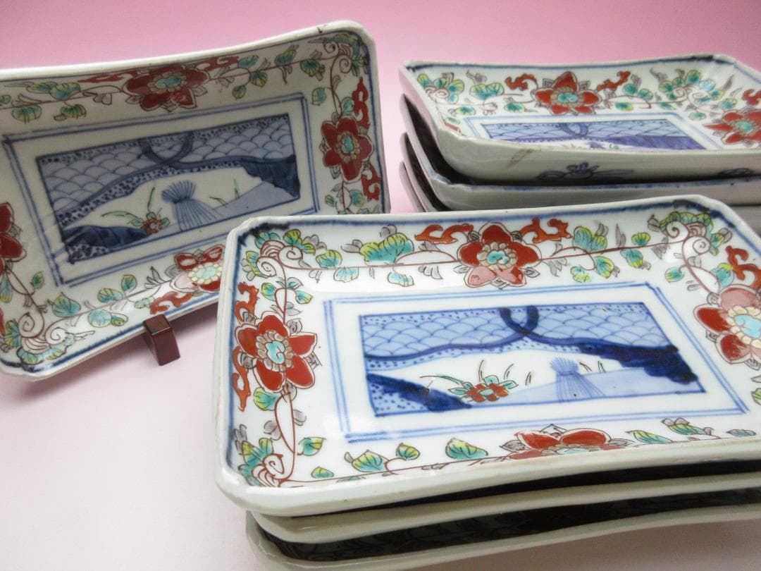 アンティーク 染錦 花紋 長皿 8客 MO70720