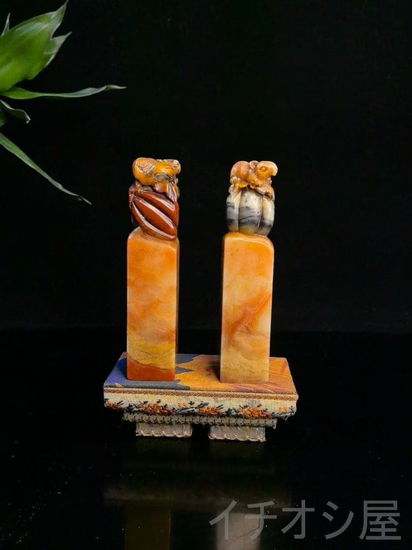 【松鼠南瓜】印章・ 五彩芙蓉石彫刻印章｜寿山石印鑑｜開運置物｜細密彫｜文房聖品