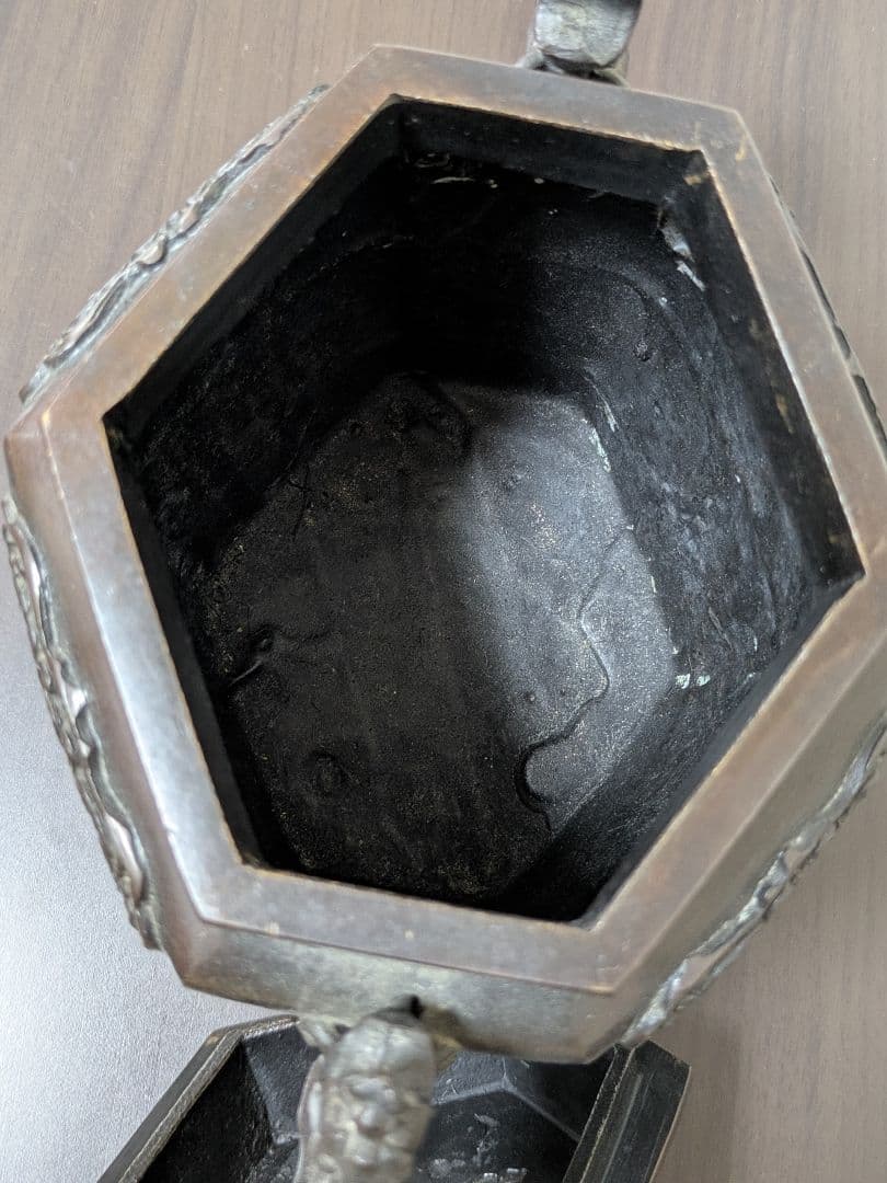 高岡製　 獅子摘蓋付昇竜双耳三足鳳凰双龍紋香炉　蝋型香炉　金工　米田秀保作