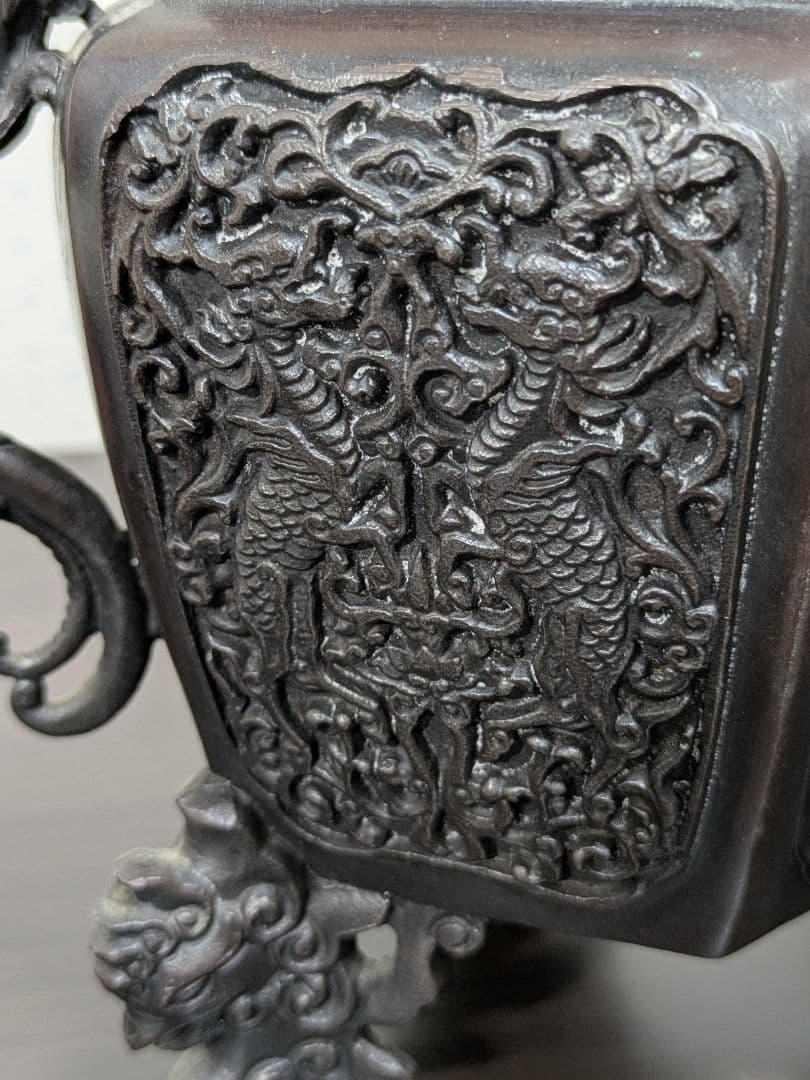 高岡製　 獅子摘蓋付昇竜双耳三足鳳凰双龍紋香炉　蝋型香炉　金工　米田秀保作