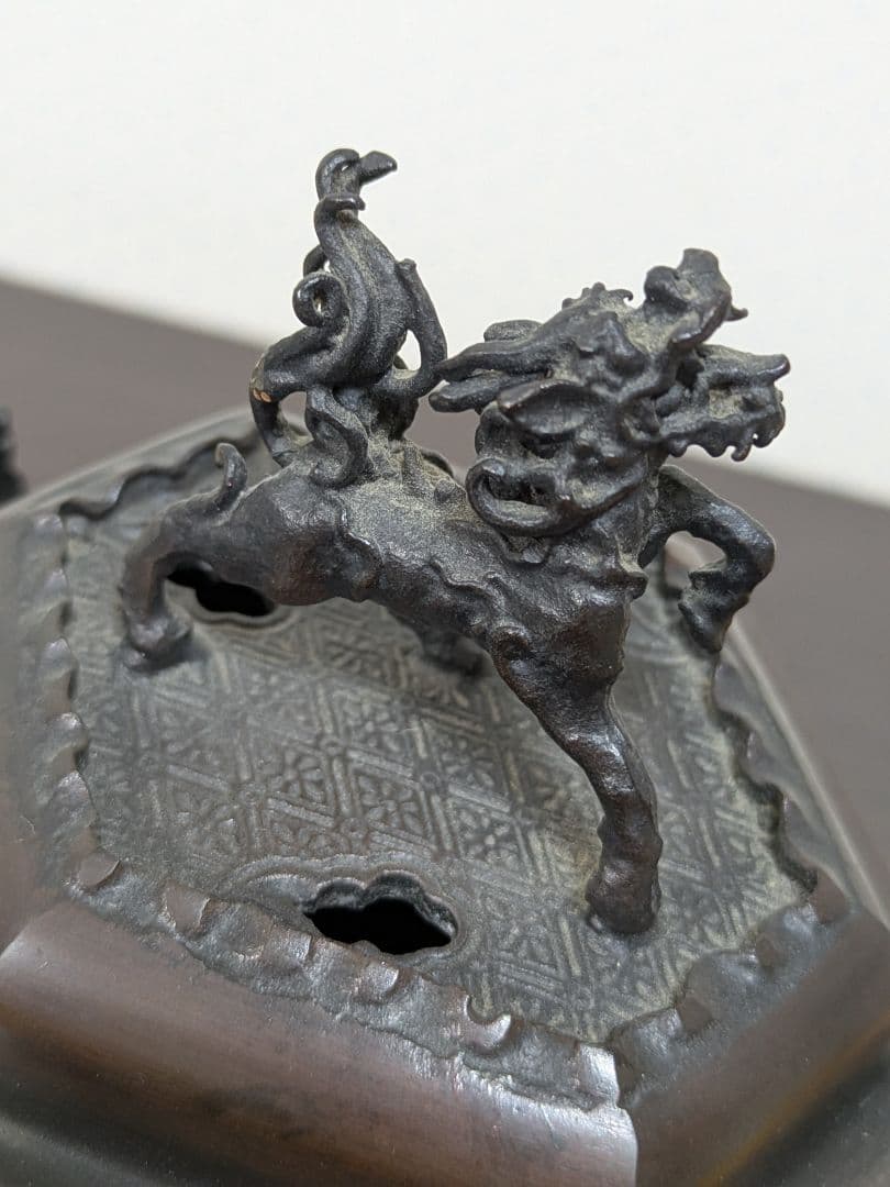 高岡製　 獅子摘蓋付昇竜双耳三足鳳凰双龍紋香炉　蝋型香炉　金工　米田秀保作