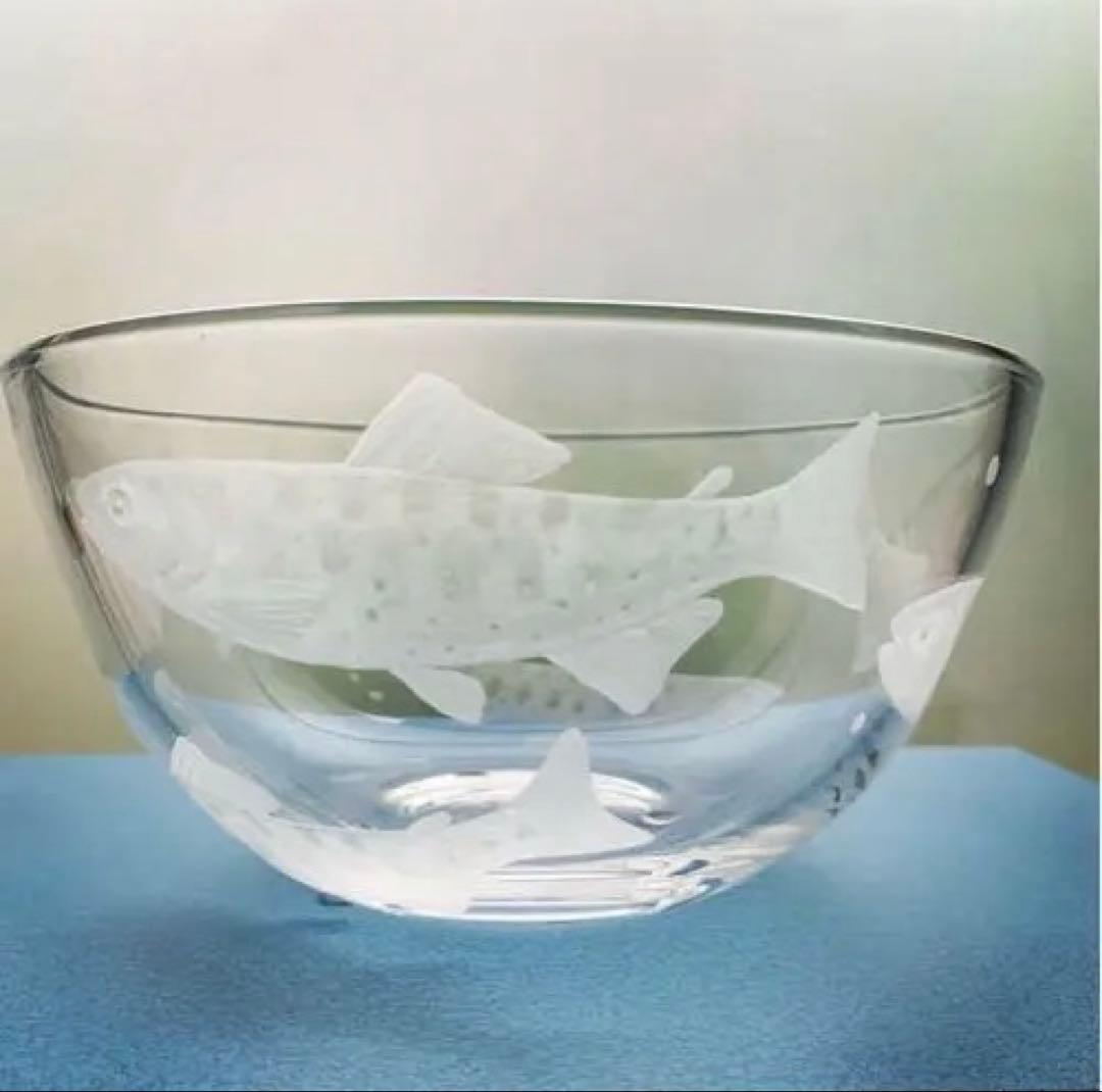 【彫刻部分は作家手作り】 ヤマメ鉢　魚エッチング ガラスボウル