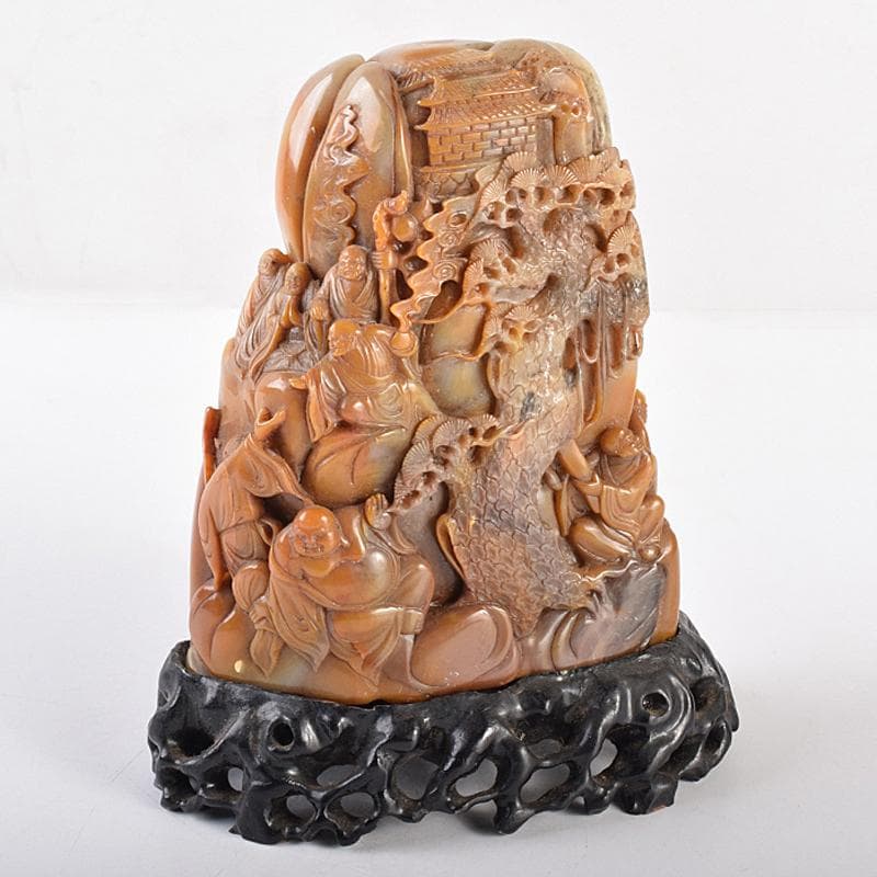 中国　玉石彫刻　山水人物刻　床飾　置物　在銘　唐木台付　K　R7727