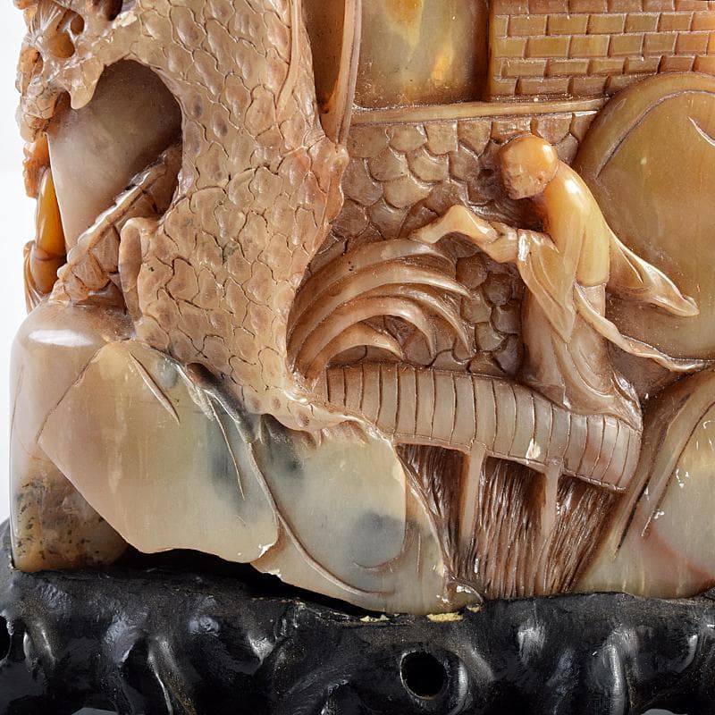 中国　玉石彫刻　山水人物刻　床飾　置物　在銘　唐木台付　K　R7727