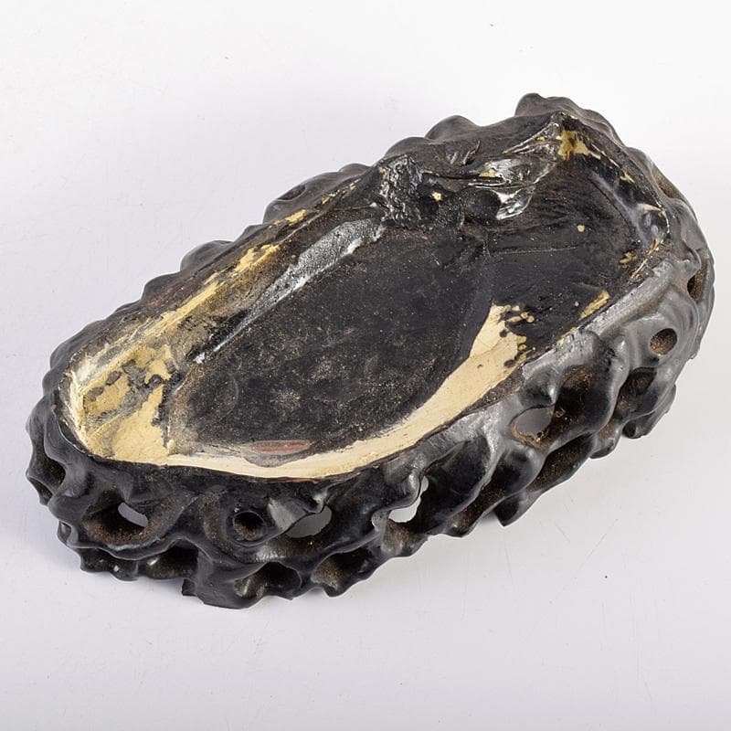 中国　玉石彫刻　山水人物刻　床飾　置物　在銘　唐木台付　K　R7727