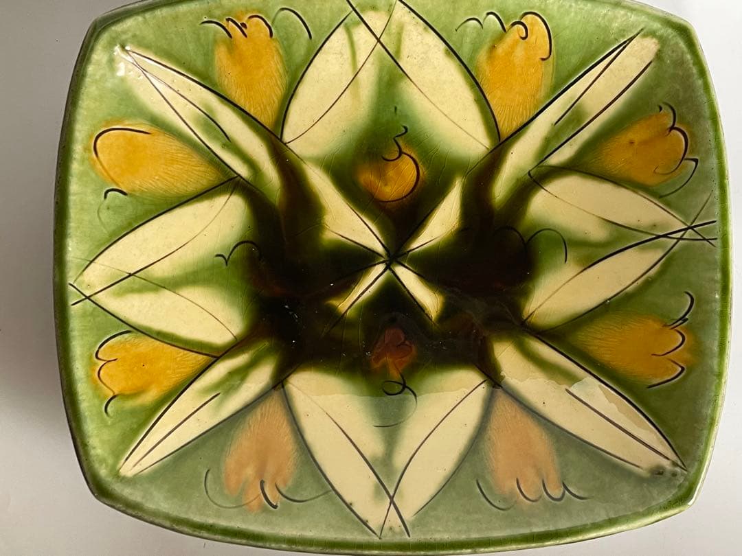 陶芸家　船木研兒　船木研児　舩木　三彩釉線彫　大鉢　オーバル皿　角皿　緑釉