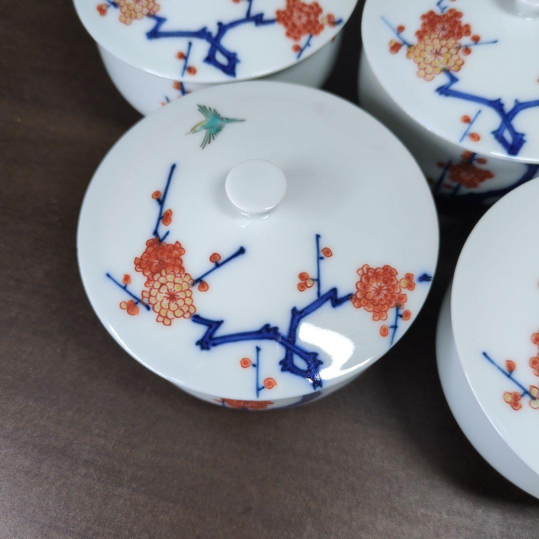 十三代 酒井田柿右衛門 作 染錦 梅文 番茶器(蓋付 湯呑 五客・急須) 共箱