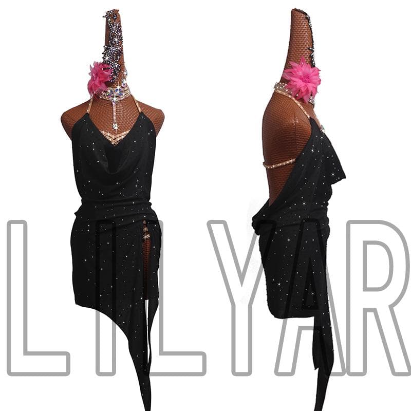 豪華キラキラブラック 社交ダンス ラテンワンピースドレス 競技会・パーティー用