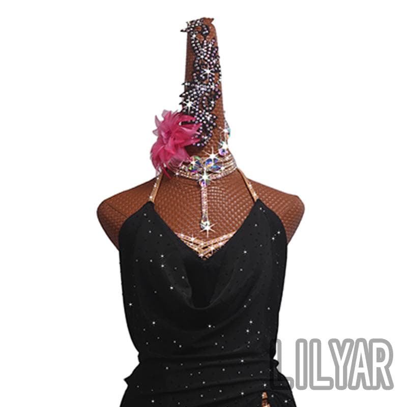 豪華キラキラブラック 社交ダンス ラテンワンピースドレス 競技会・パーティー用