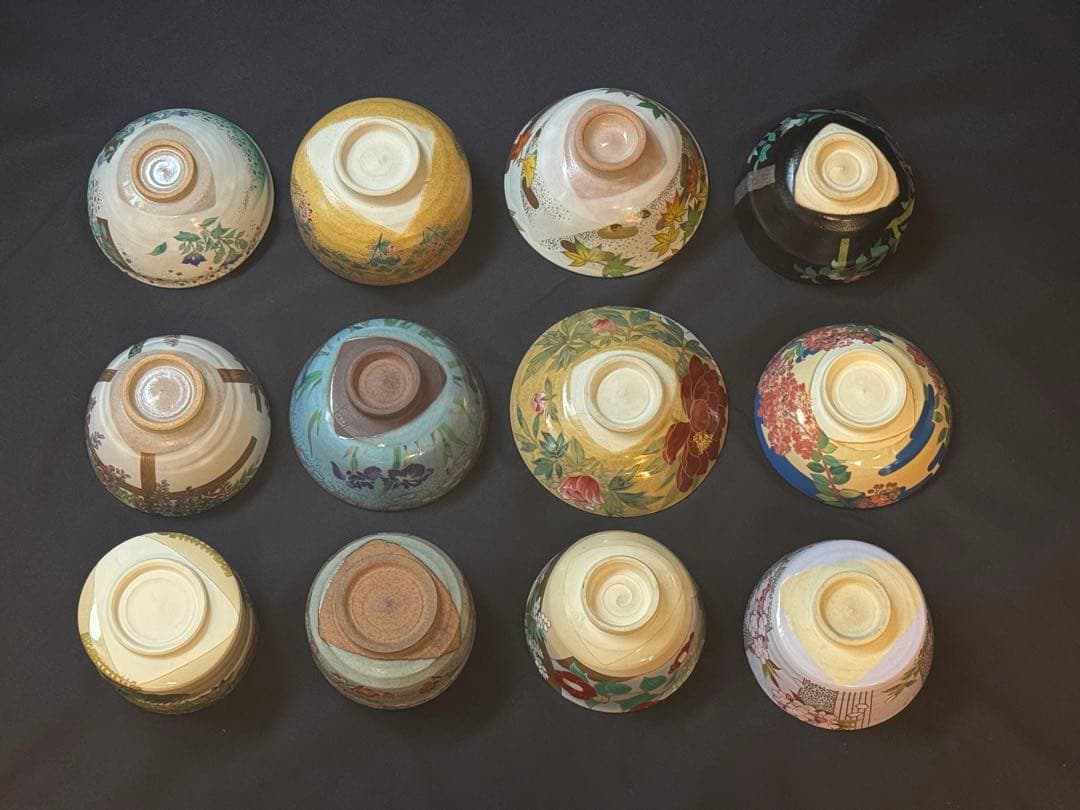 桑野睦子 造 御所の花 十二ヶ月 茶碗 十二ヶ月揃 共箱 不動窯 茶道具