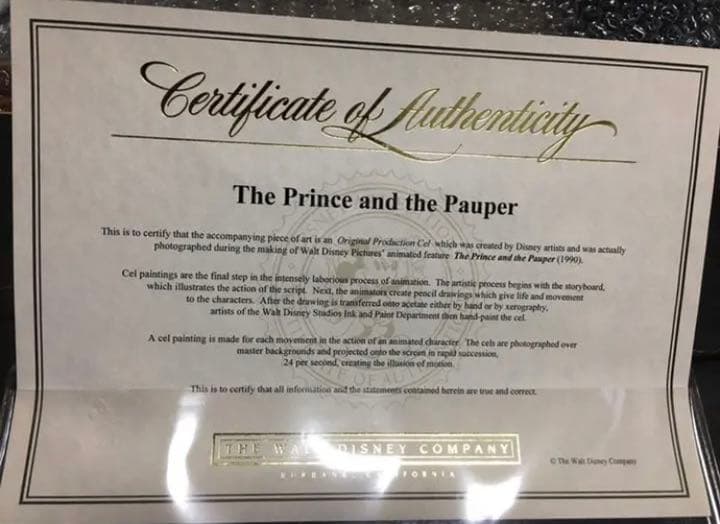 ディズニー【ミッキーの王子と少年】実際映画で使用された セル画　鑑定書付き