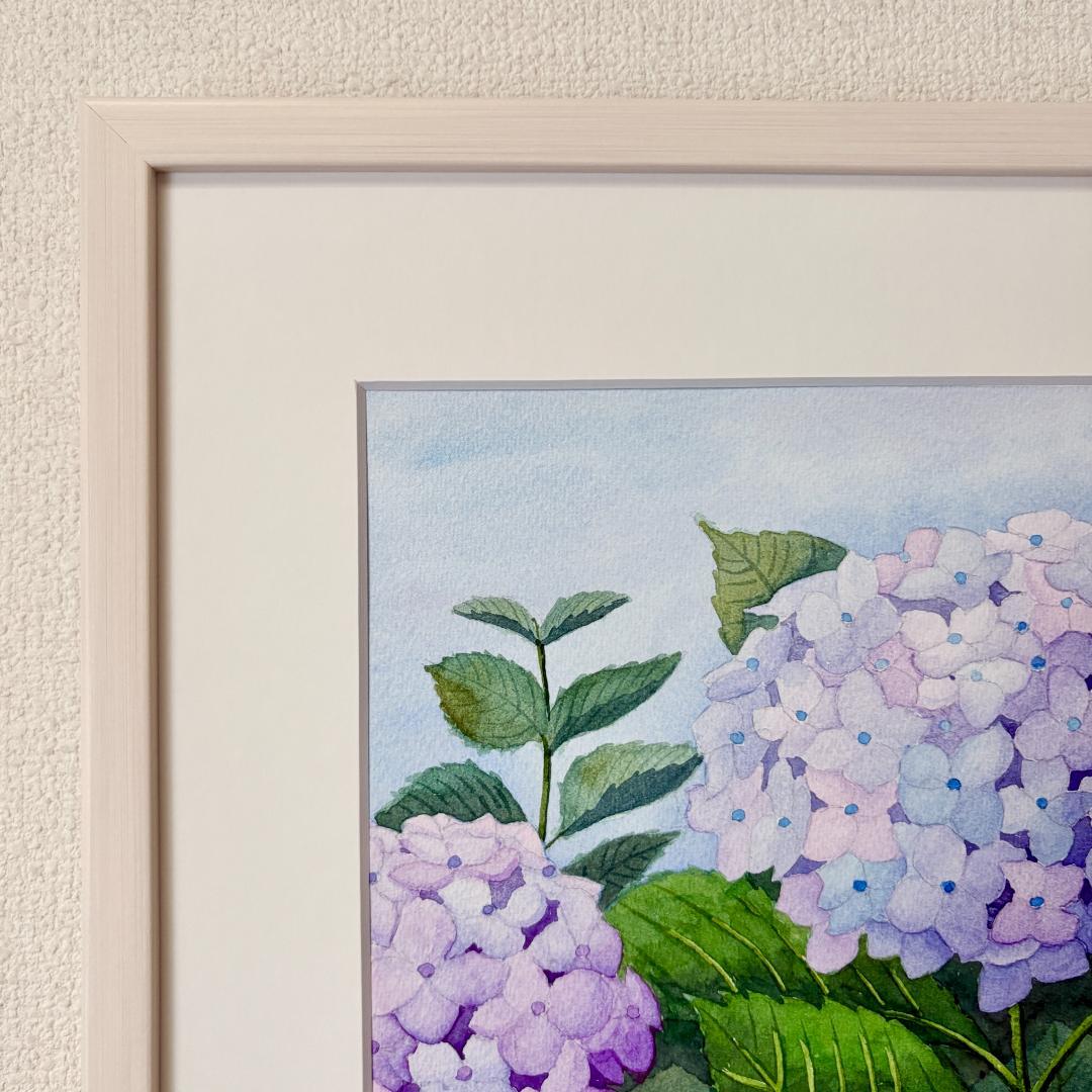 透明水彩画　原画　「薄紫のアジサイ」額縁付　４Fサイズ　風景画