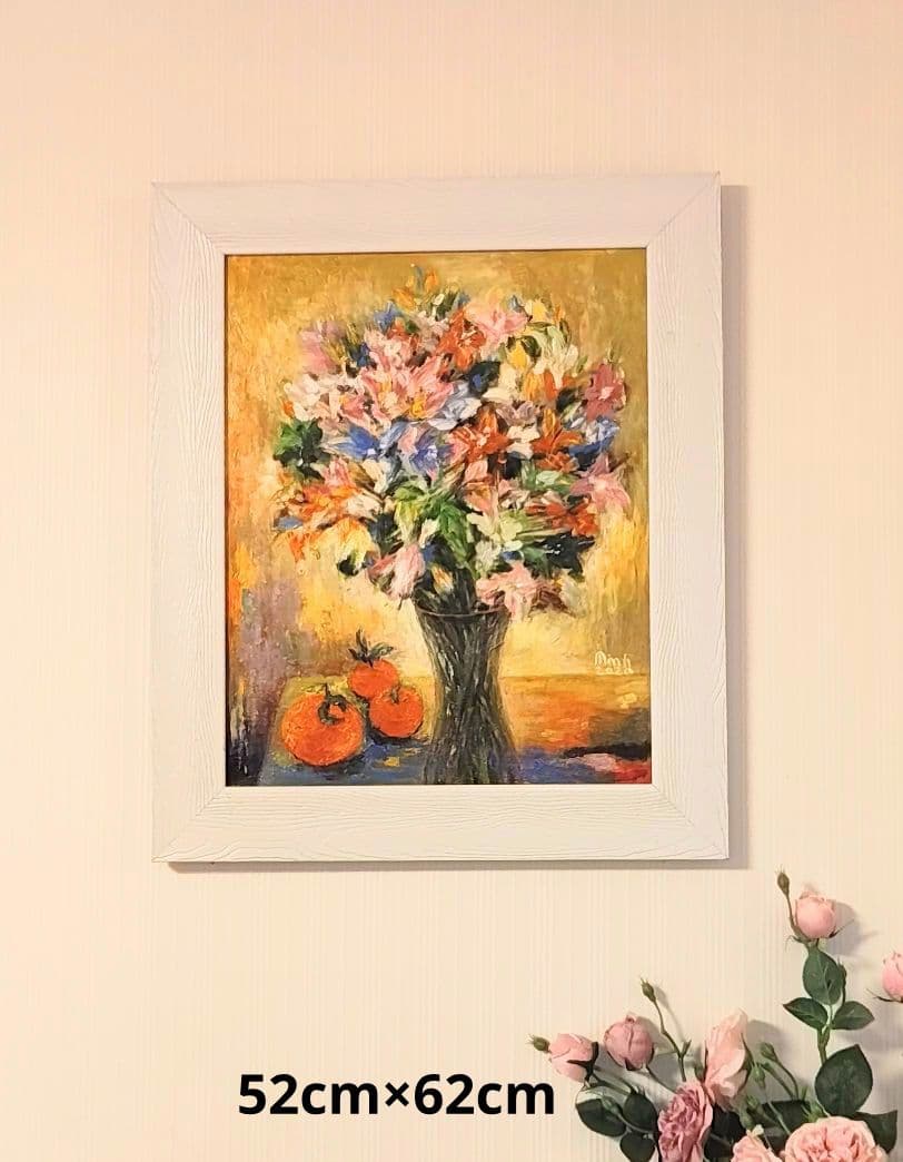 油彩画 花とオレンジ　静物画 フレーム付き 油絵