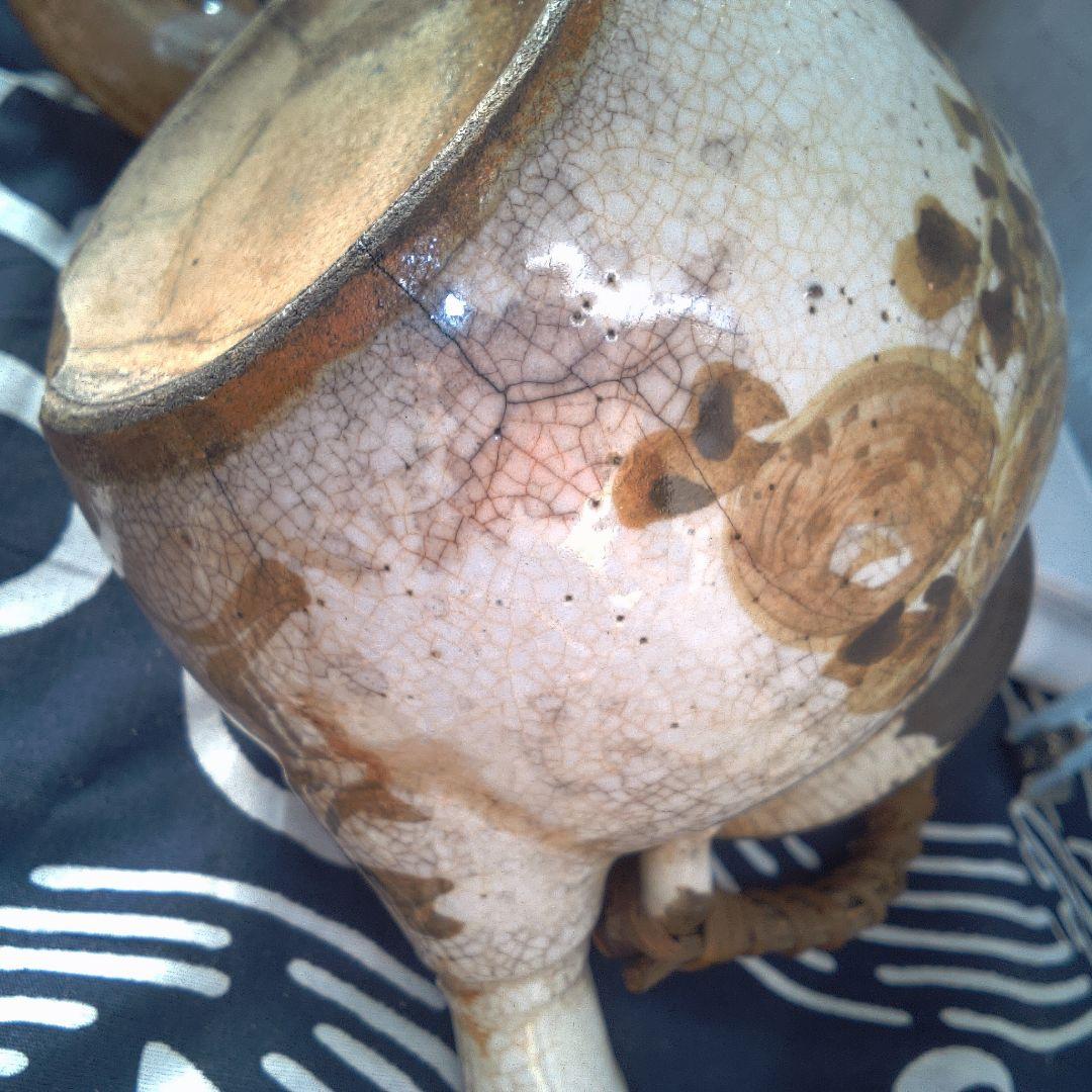 骨董２手作り陶器急須 籐ハンドル付き 水漏れあります