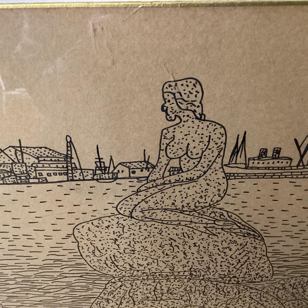 山下清ペン画　【　コペンハーゲンの人魚像　】　サイン　印譜在　簡易額装　模写