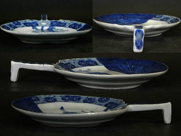 【団扇形　岩上花紋　染付　変皿】工芸品