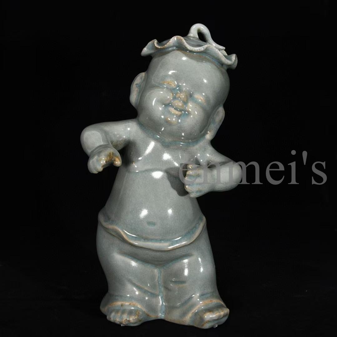 中国古美術・宋汝窯風 淡青釉 童子人形 3体セット・陶器製・文房置物・賞物