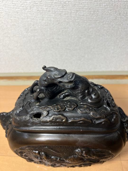 742 銅製　麒麟鳳凰文香炉　美品