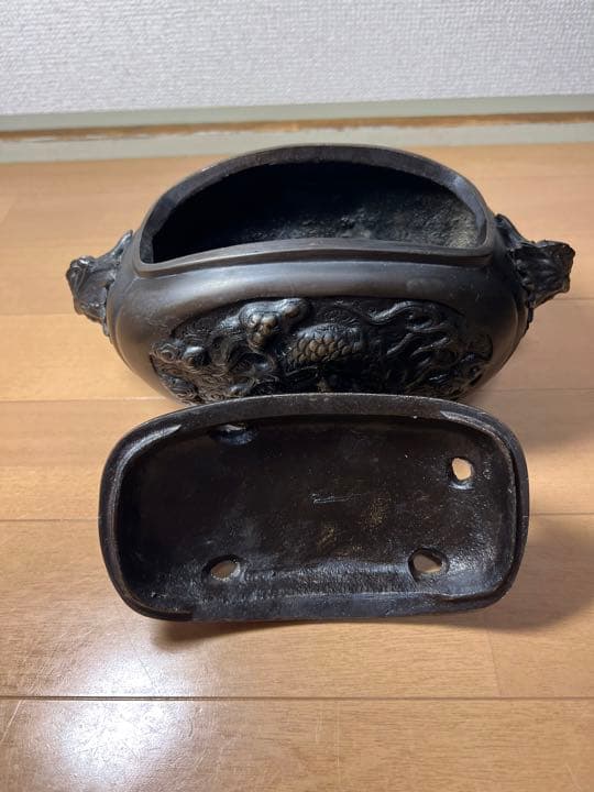 742 銅製　麒麟鳳凰文香炉　美品