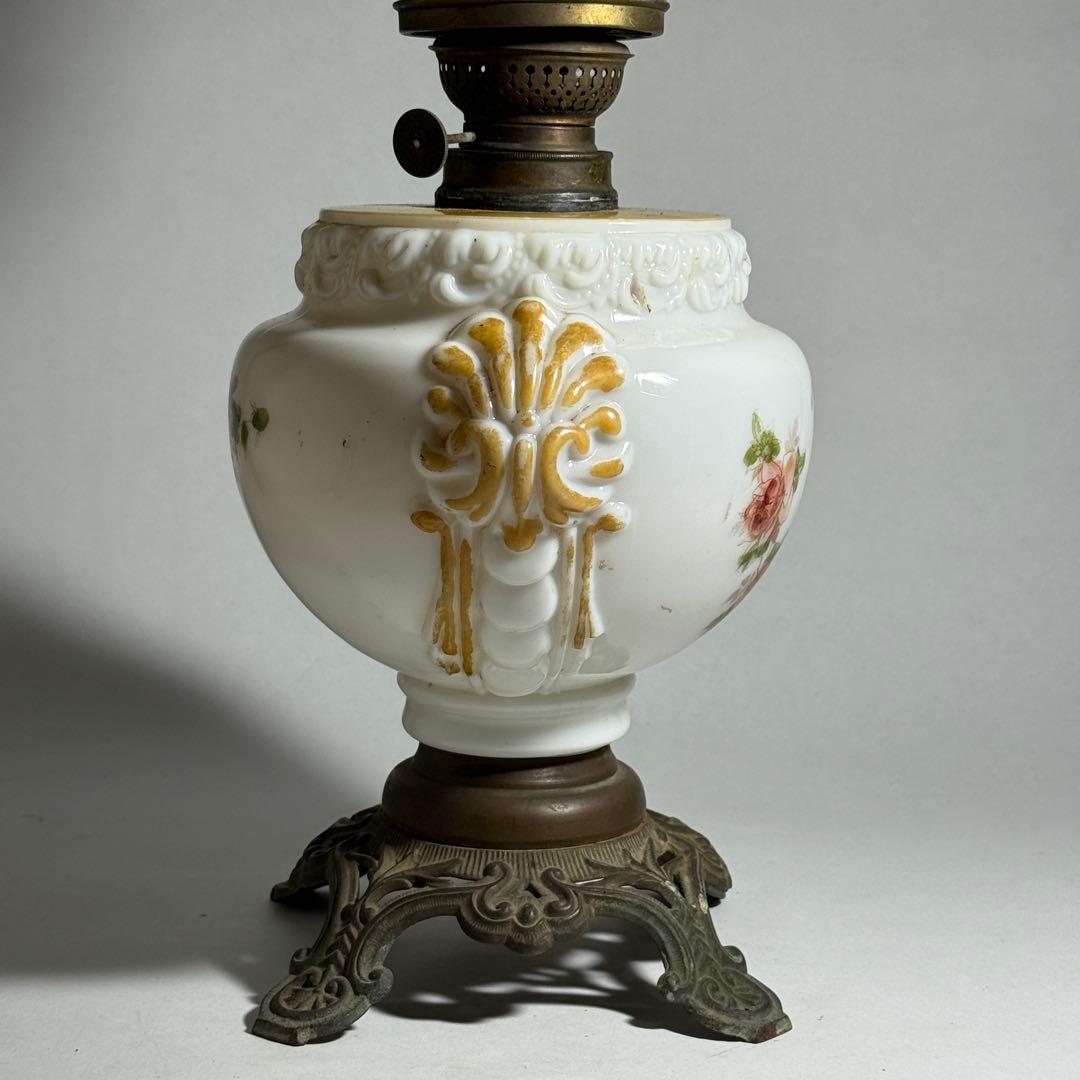 ◆希少 置きランプ 雷文擦り硝子火屋 ガラス絵乳白硝子オイル壺 明治時代◆