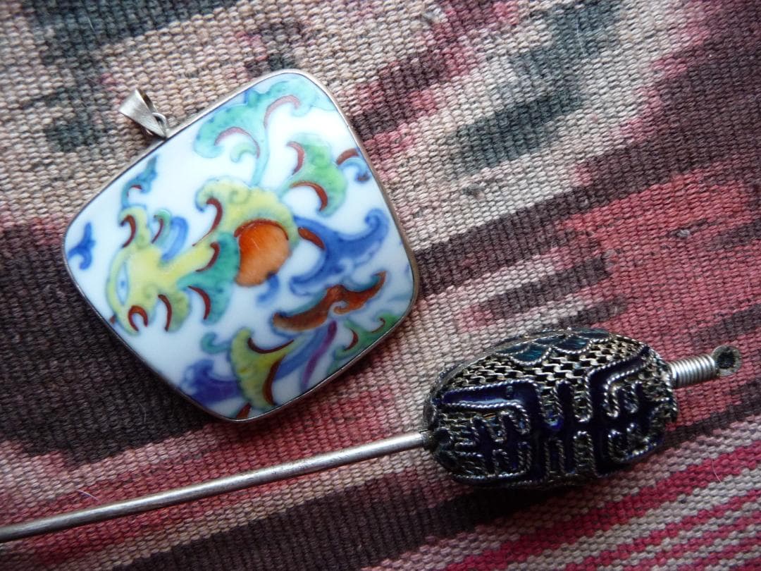 中国　銀細工　七宝　銀線　簪　粉彩　ペンダント