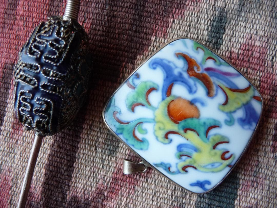 中国　銀細工　七宝　銀線　簪　粉彩　ペンダント